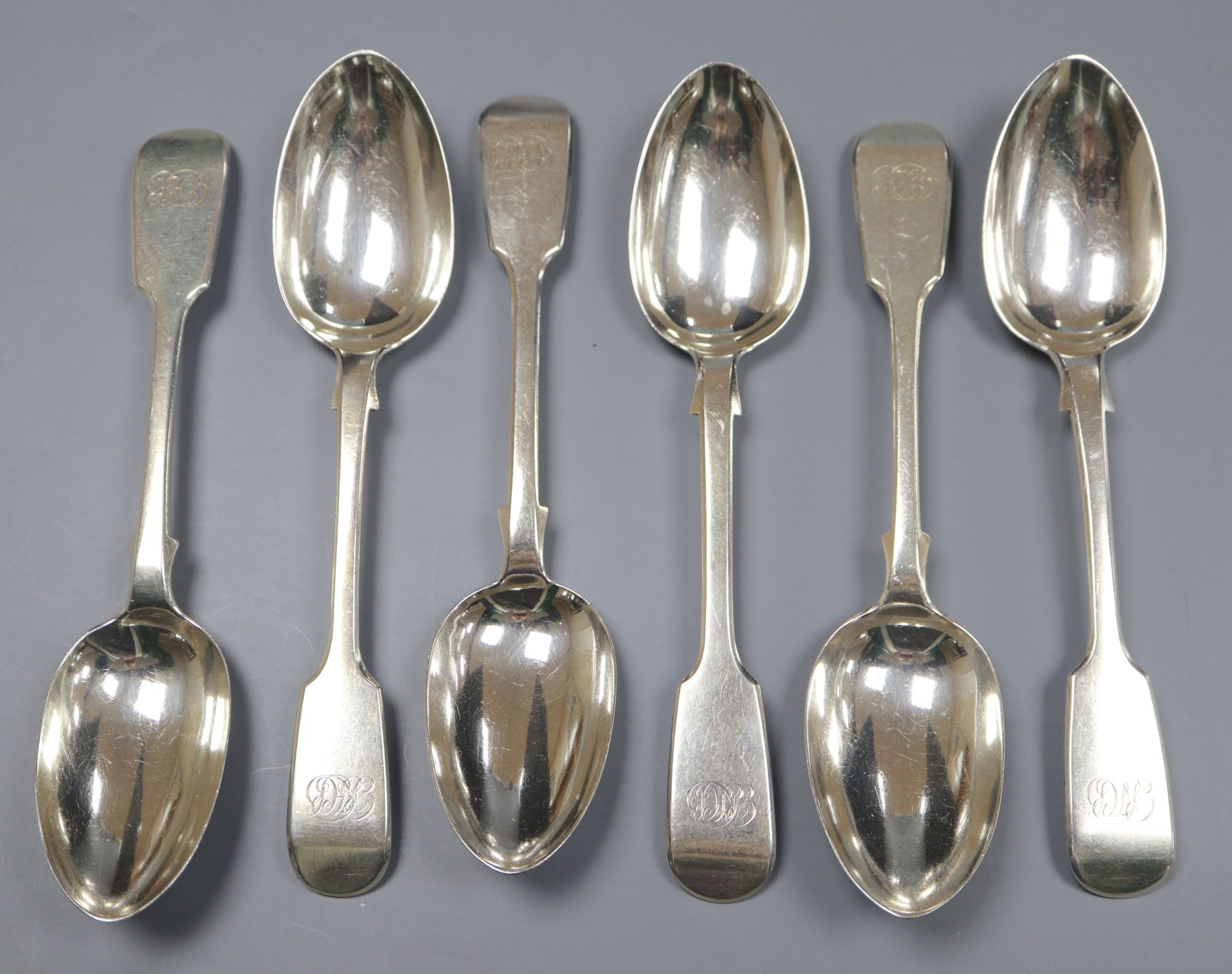 A set of six early Victorian silver fiddle pattern dessert spoons, Robert Wallace, London, 1844/6&7,